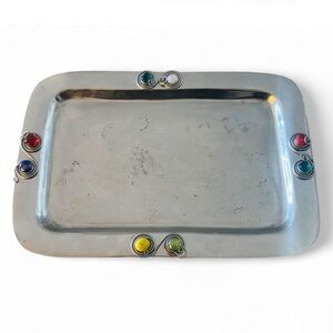 Vintage MCM Midcentury Cast Aluminum Serving Tray with Colorful Glass Accents